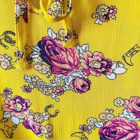 ModCloth Mustard Yellow Floral Like the Wind Tie-Neck Sleeveless Blouse Medium - Picture 8 of 13